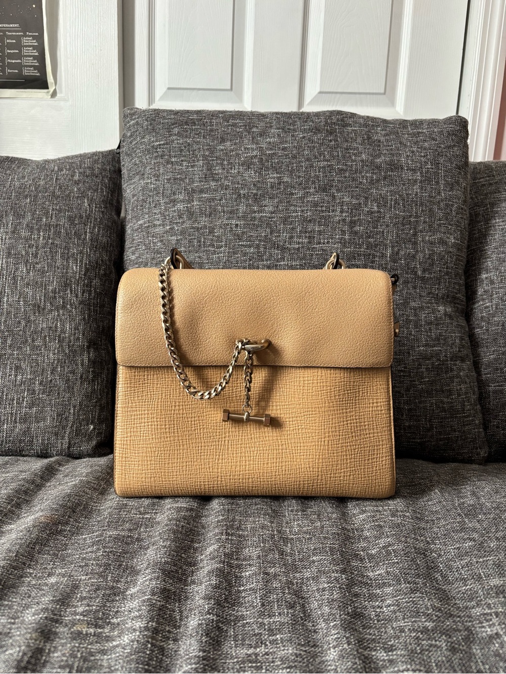 Woven-Texture Tan Shoulder Bag with Chain Detail